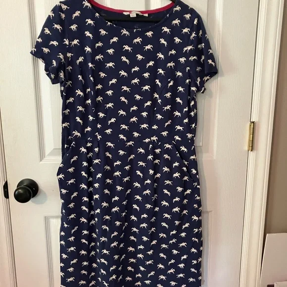 Boden Phoebe Jersey Navy 100% Cotton Casual Dress Equestrian Print Sz 10P - Picture 6 of 9